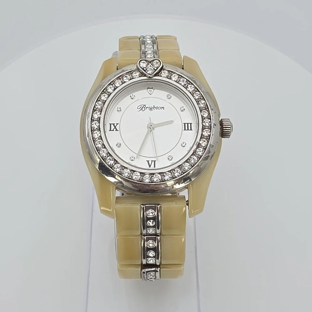 BRIGHTON 'Dana Point' Watch Beige Resin Band Crystal Accents Silver Plate